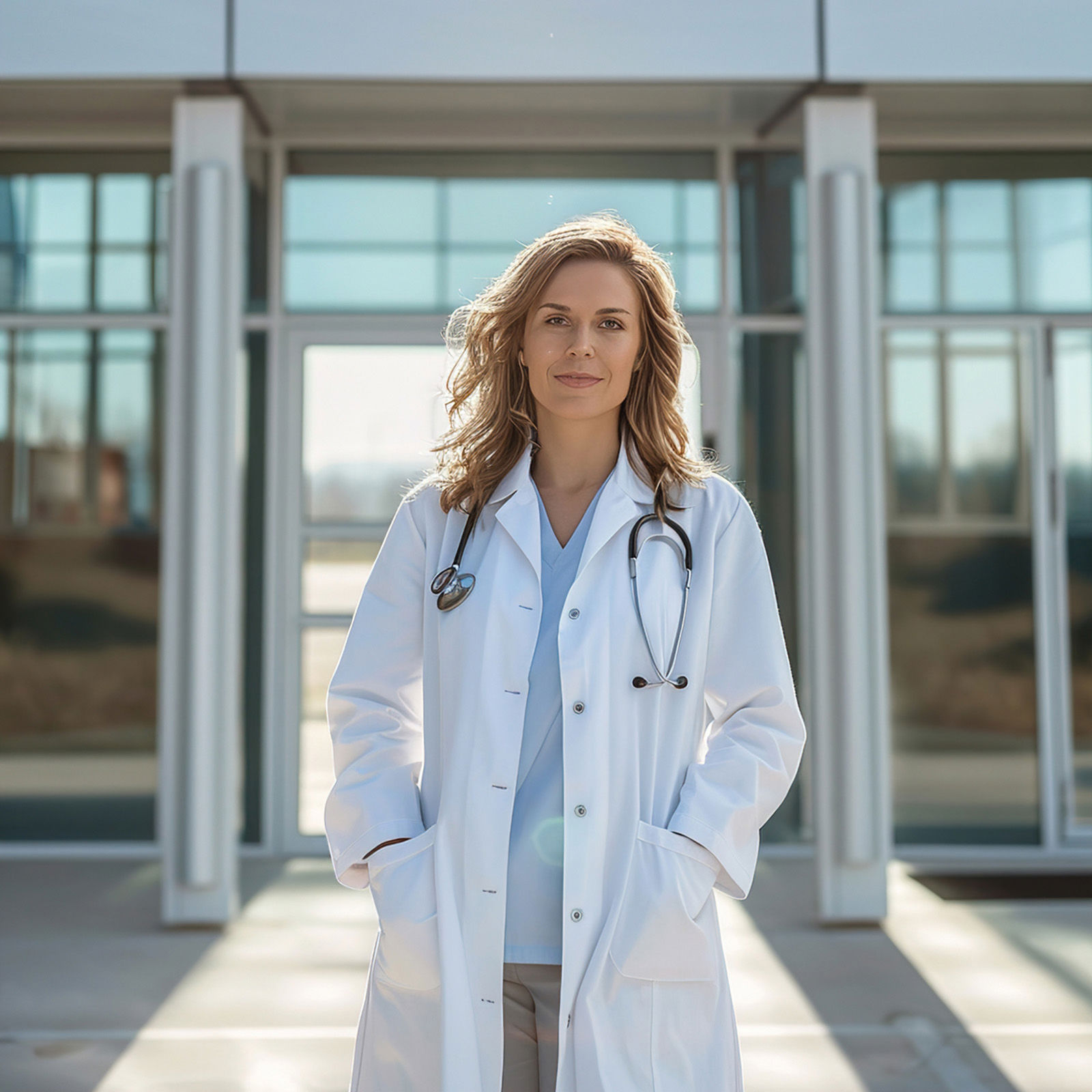 Lääkäri seisoo sairaalan ulkopuolella.
